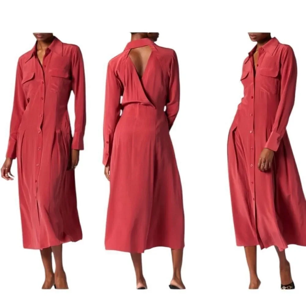Equipment Natacha Red Silk Fit and Flare Midi  Shirt Dress| Size 4